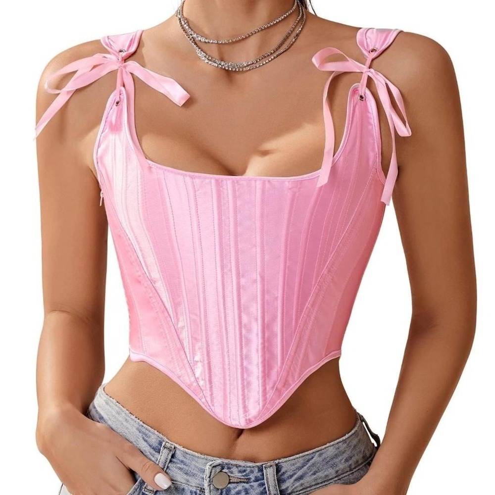 Womens‎ Pink Asymmetrical Hem Overbust Corset Tie Front Lace-up Back Bustier S